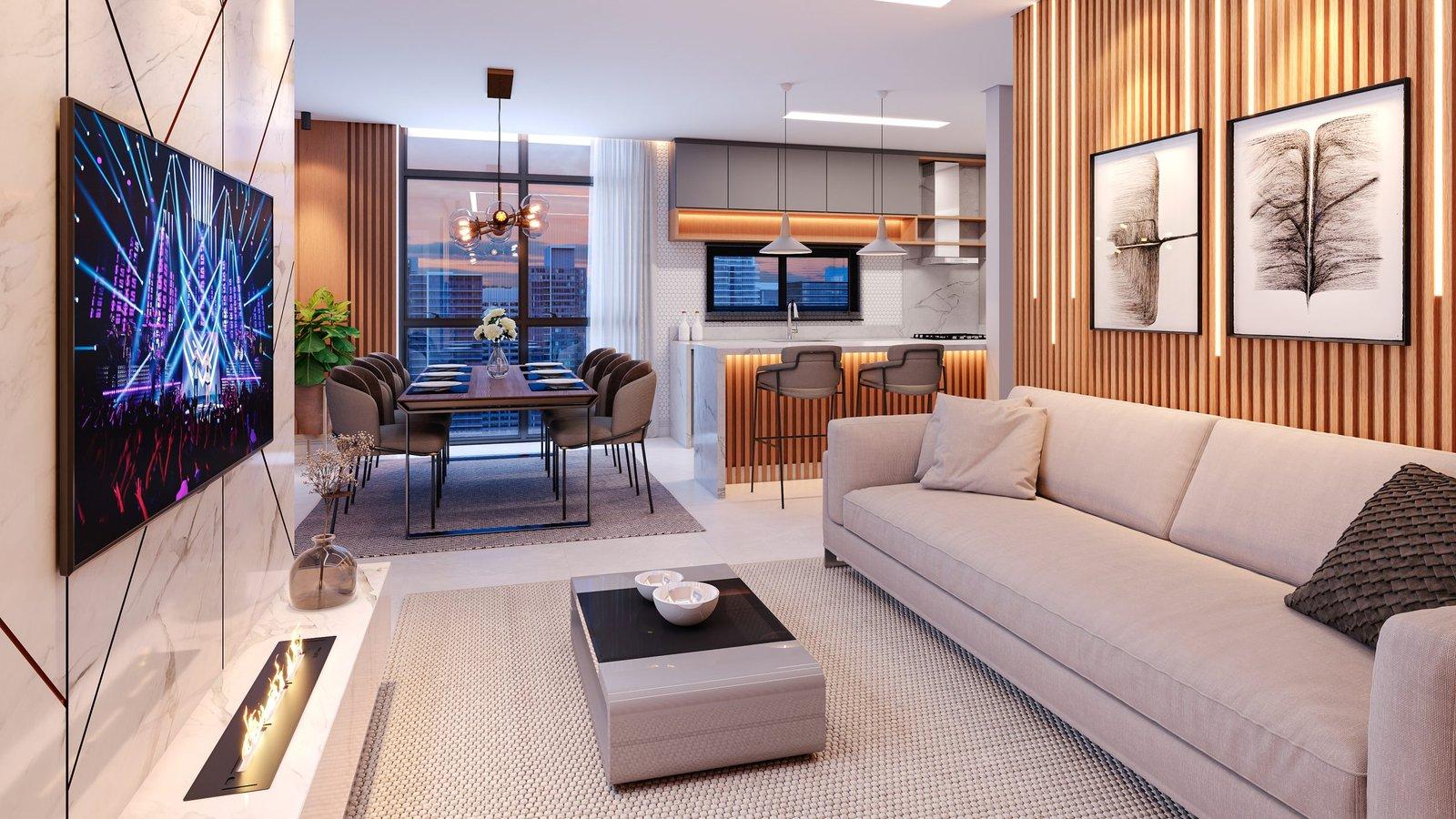 Living integrado de um apartamento do Le Voyage Residence, com cozinha e vista para a cidade