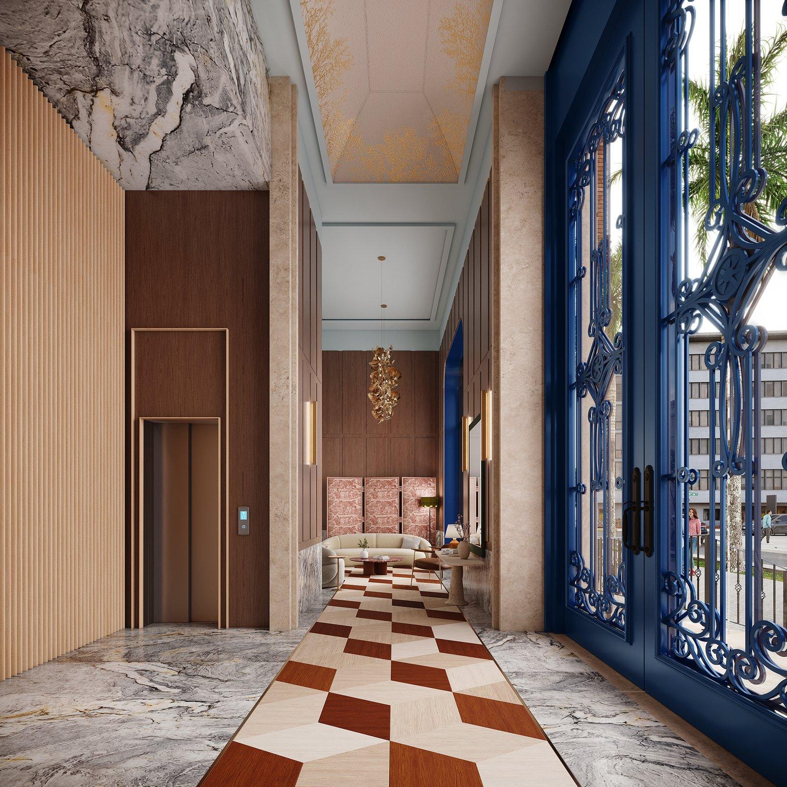 Hall de entrada do Elizabeth II Royal Home, com pé-direito duplo e teto pintado à mão