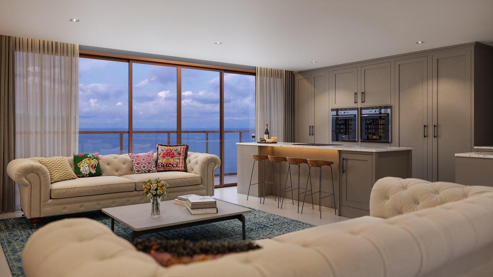 Living amplo de uma Penthouse do Elizabeth II Royal Home com vidraça de 7,6 metros de largura