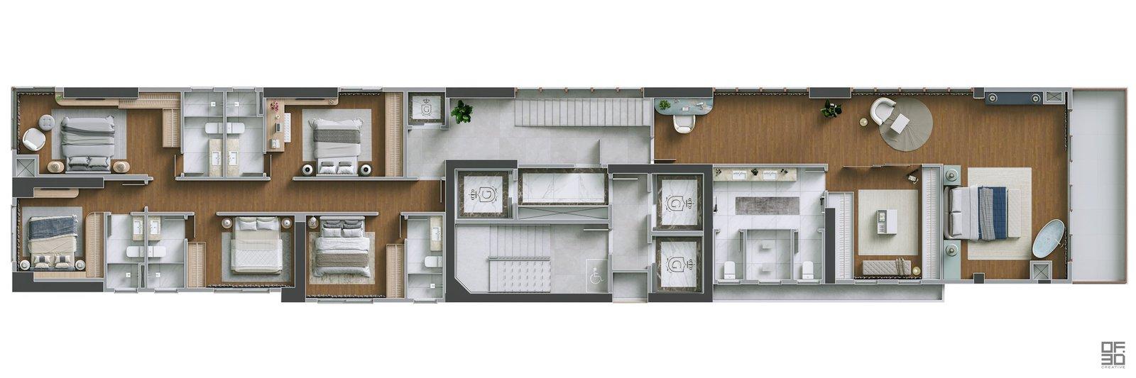 Planta baixa do 1º pavimento da Penthouse Duplex, com os dormitórios e a Suíte Real