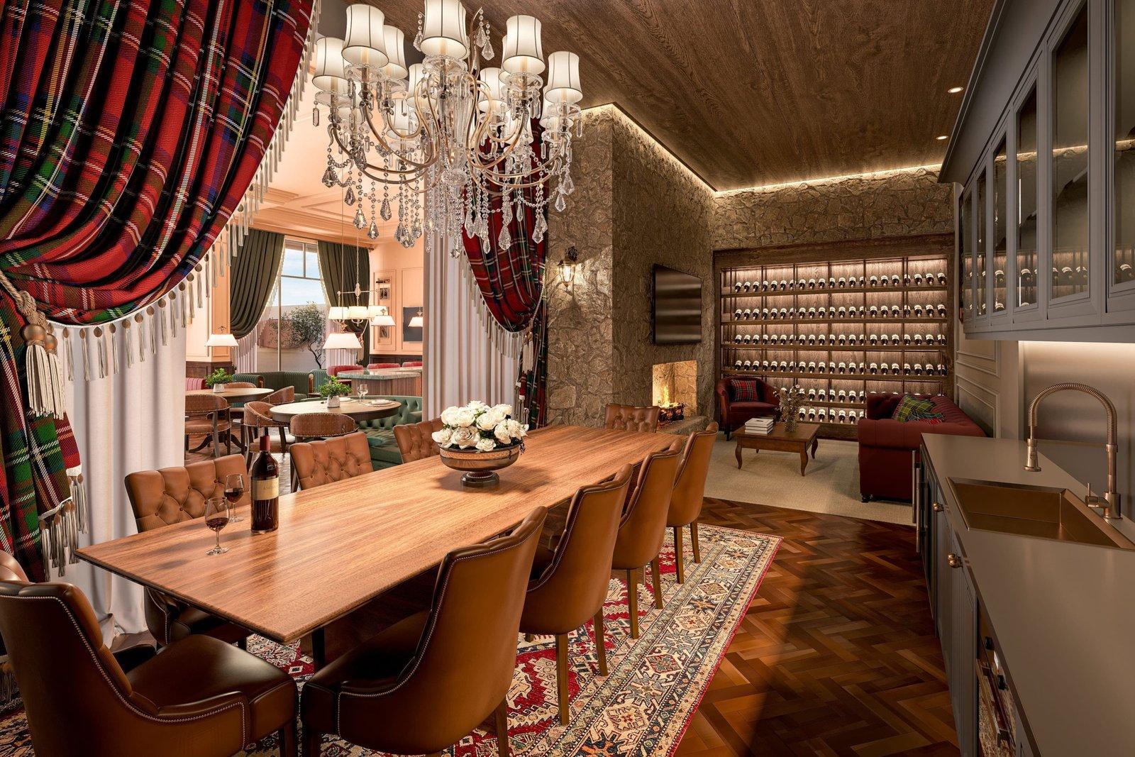 Adega e sala de jantar privativa do George VI Residencial, com estampa tartan e lareira