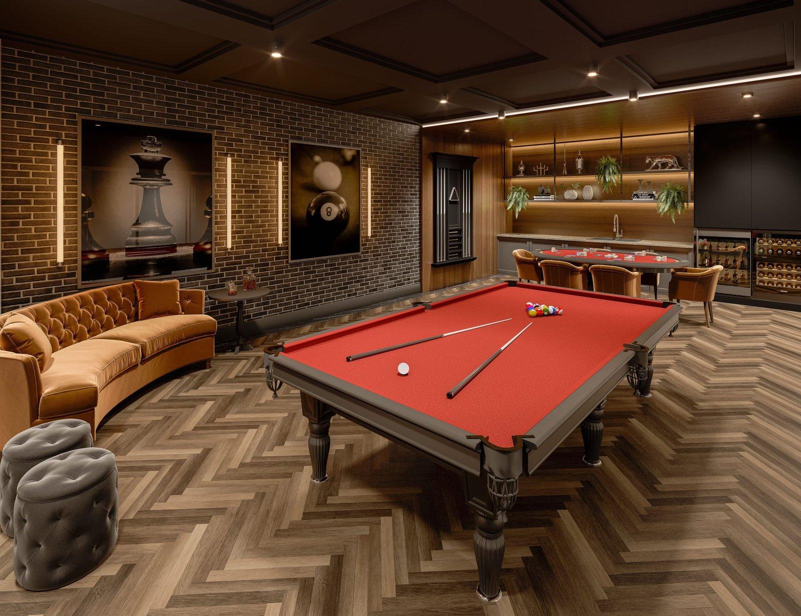 Sala de jogos do George VI Residencial, com mesa de sinuca, mesa de pôquer e bar