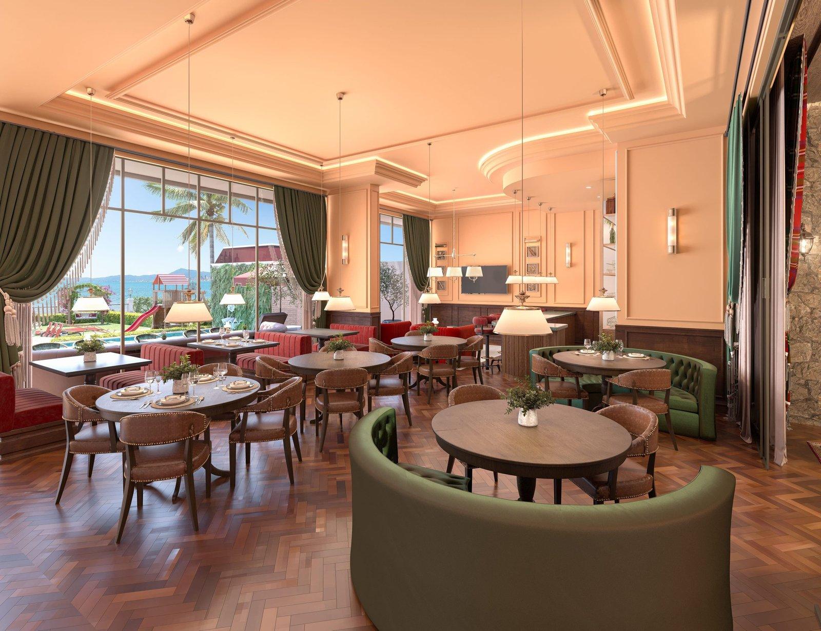 Restaurante do George VI Residencial, com vista para o jardim e a baía